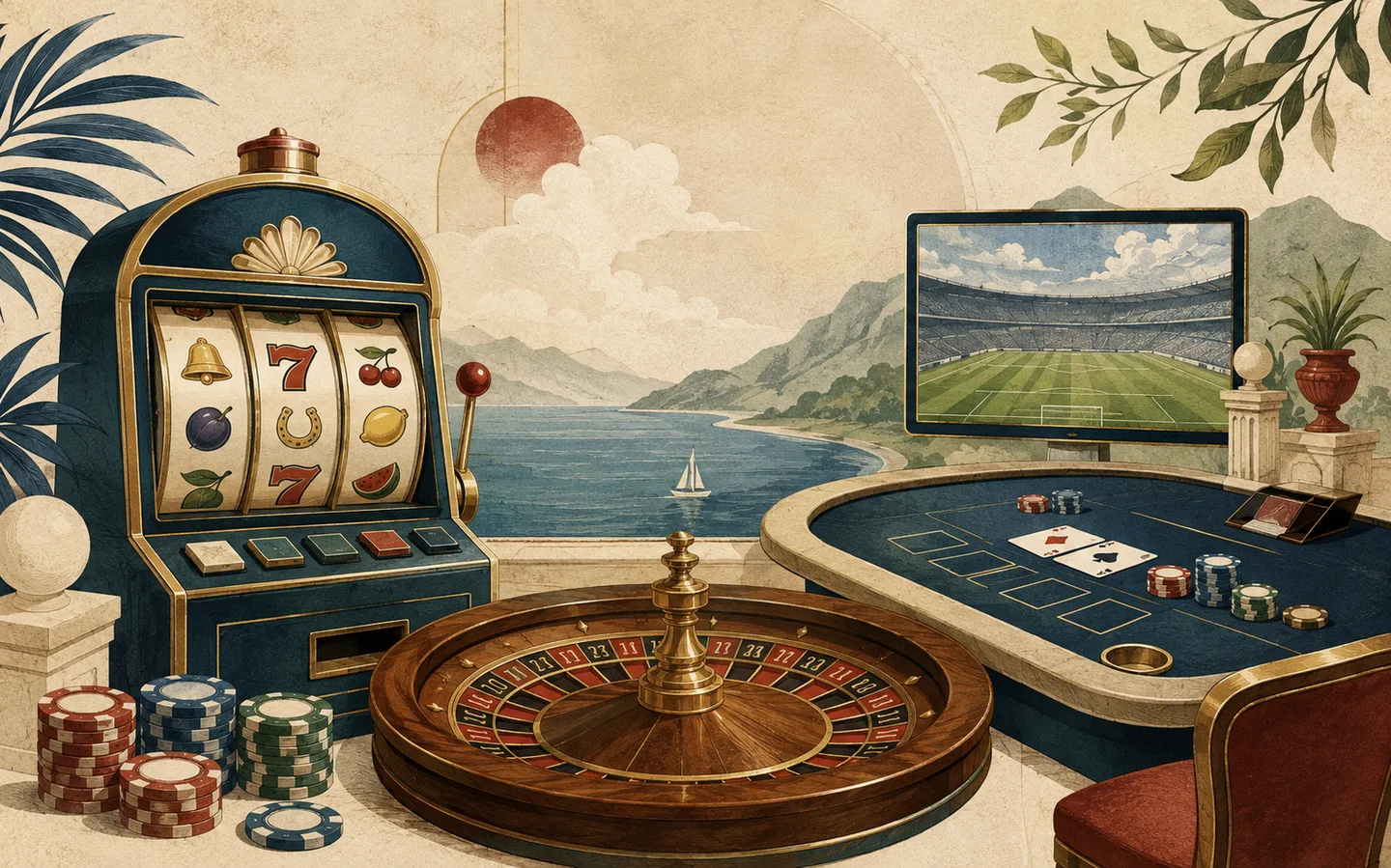 Ilustrasi kategori slot, roulette, kartu, dan pertandingan dalam konteks PAUS188
